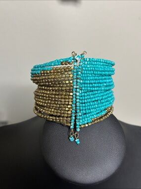 Turquoise and Gold Seed Bead Wrap Statement Boho Bracelet - Women Jewelry